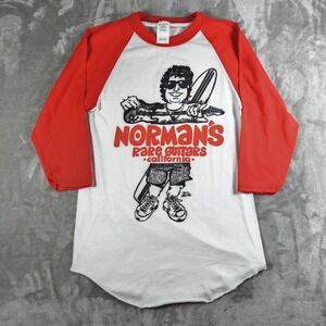 Normans Rare Guitars Shirt Men Small Red White Raglan Music Rock Bill Heller New
